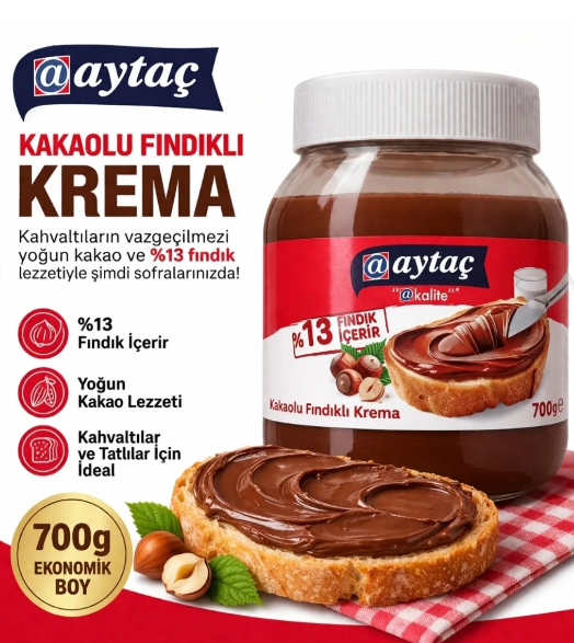 Aytaç Kakaolu Fındık Kreması Cam Kavanoz 700 Gr 